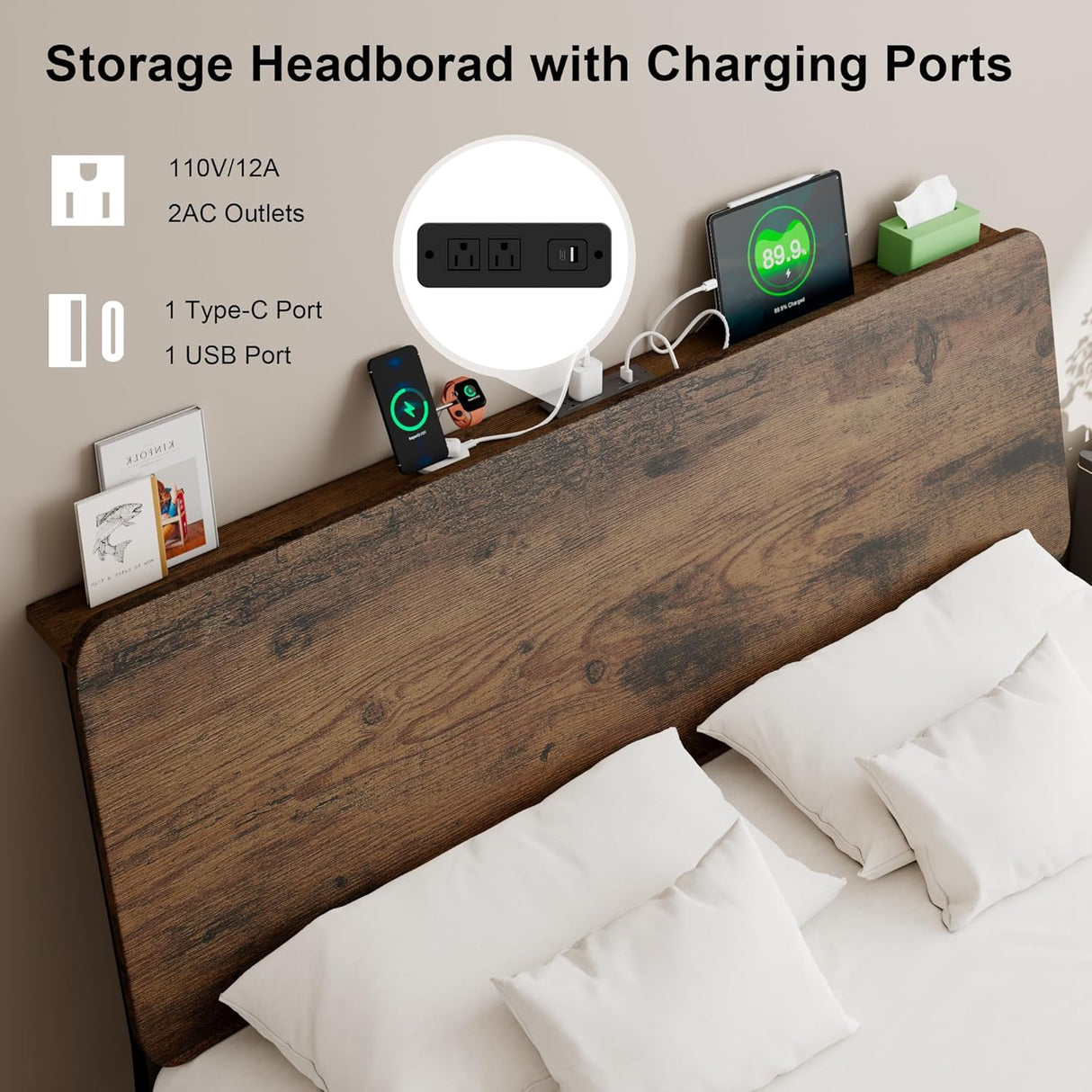 Feonase Bed Frame with Ergonomic Storage Headboard & Charging Station