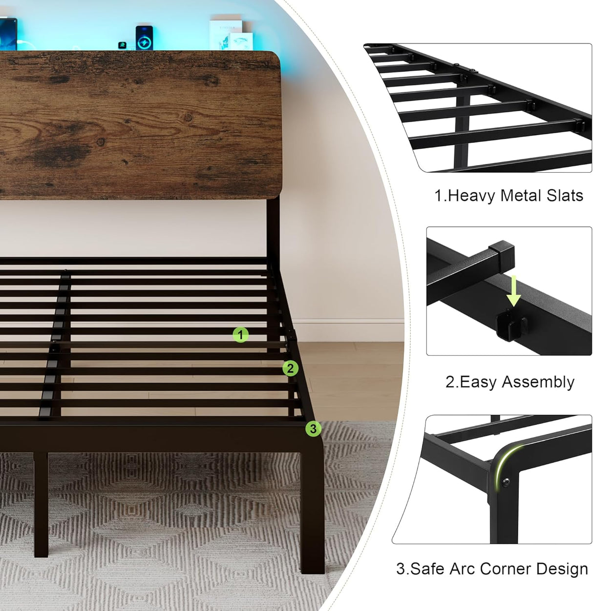 Feonase Bed Frame with Ergonomic Storage Headboard & Charging Station