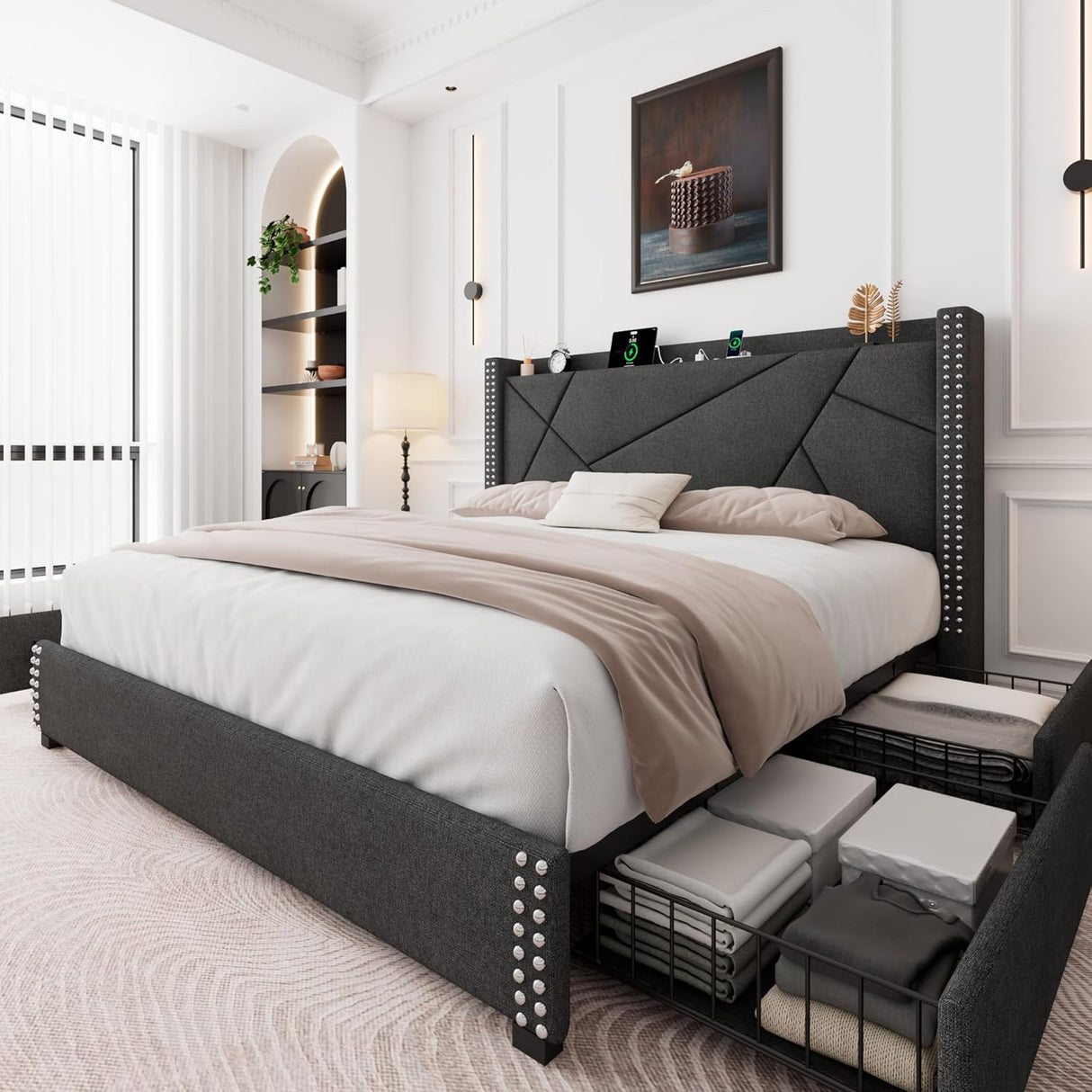 Feonase Platform Bed Frame with 4 Storage Drawers and Charging Station