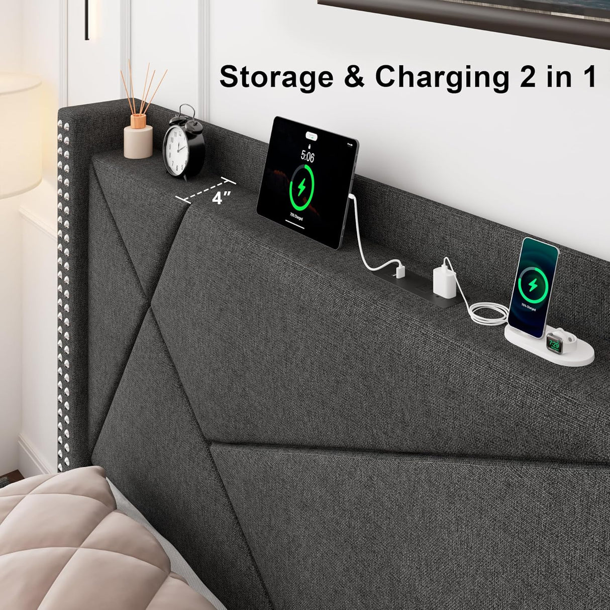 Feonase Platform Bed Frame with 4 Storage Drawers and Charging Station
