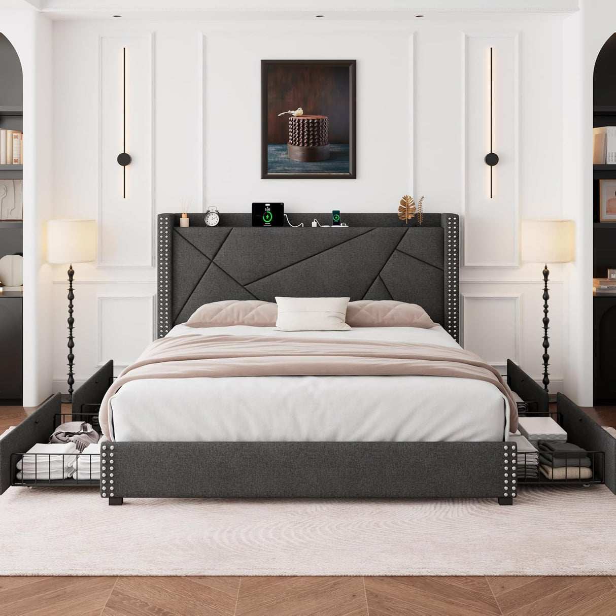 Feonase Platform Bed Frame with 4 Storage Drawers and Charging Station