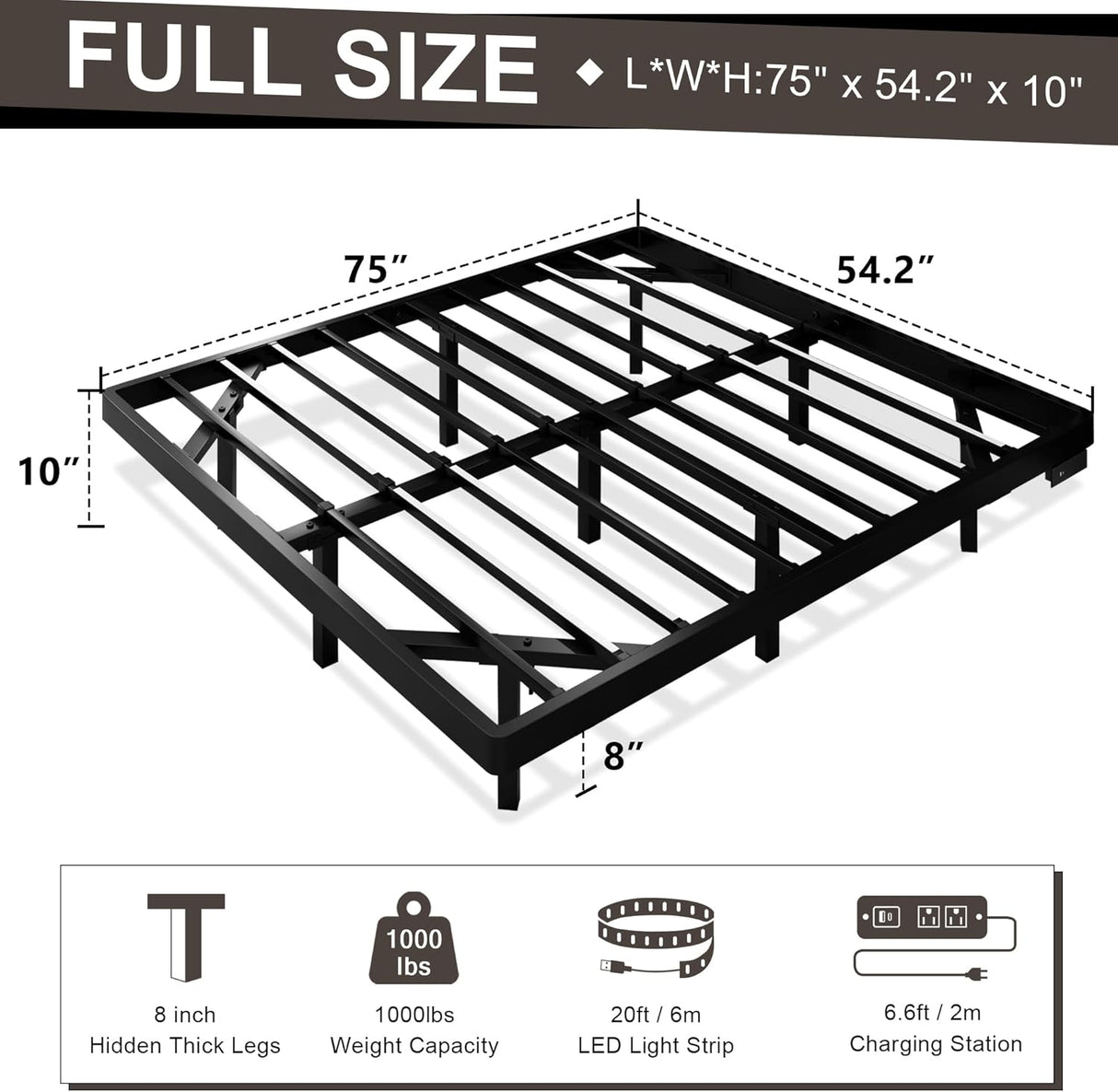 Feonase Floating Bed Frame with Charging Station and Led Lights
