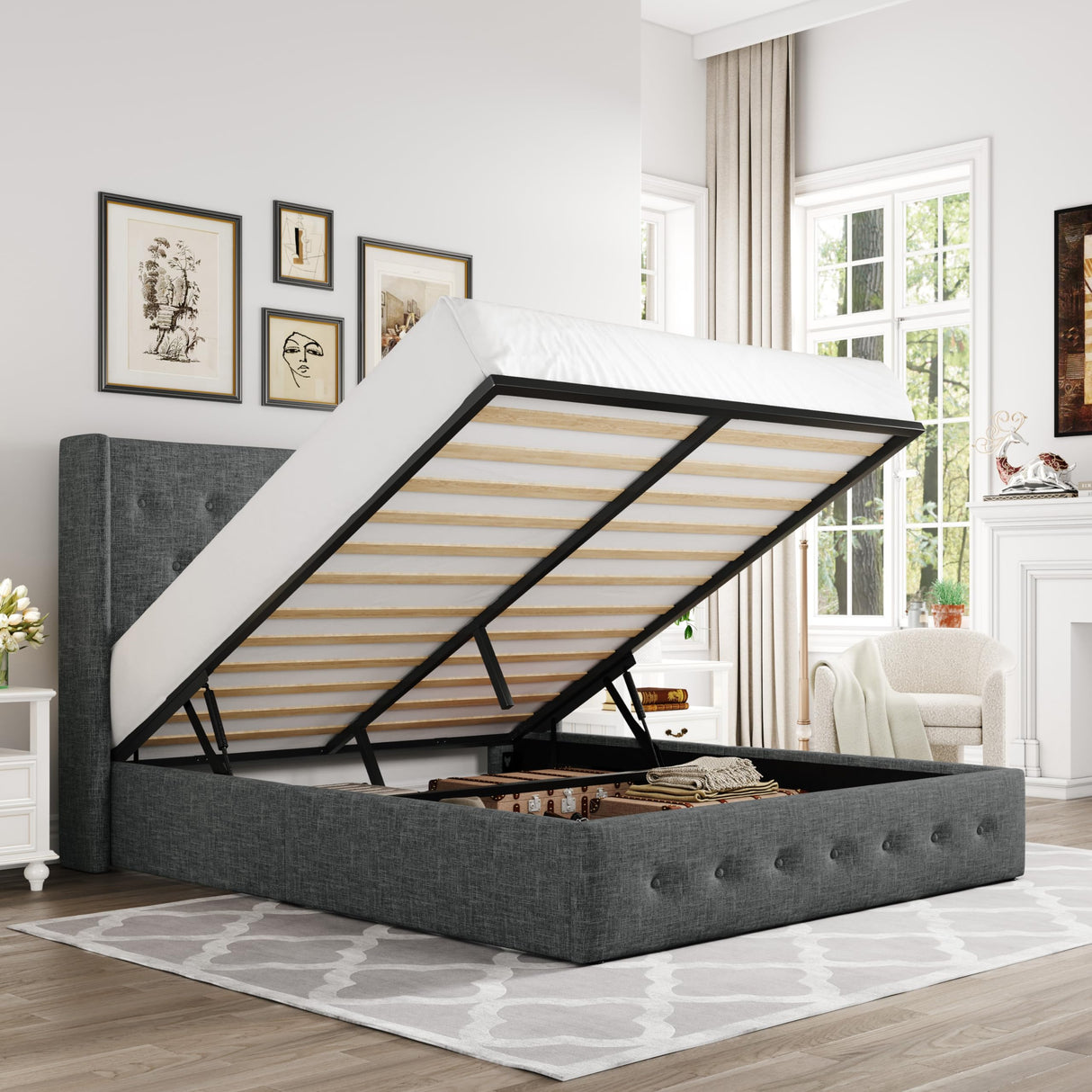 Lift Up Storage Bed, Modern Wingback Headboard, Hydraulic Support, No Box Spring Needed