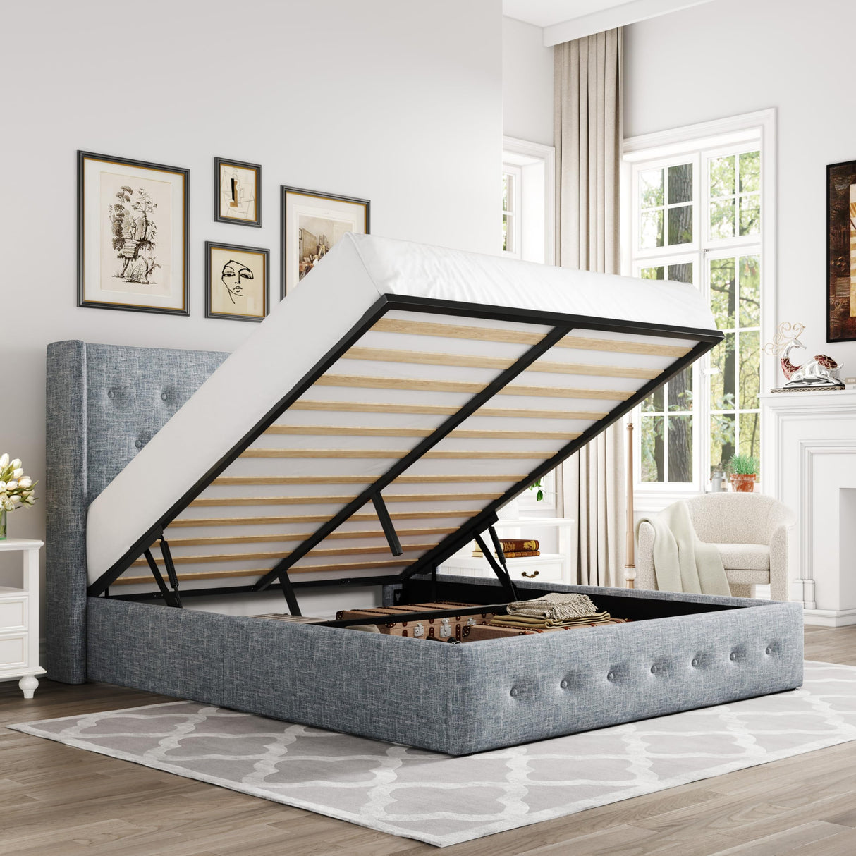 Lift Up Storage Bed, Modern Wingback Headboard, Hydraulic Support, No Box Spring Needed