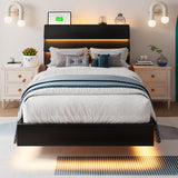Bed Frame with Charging Station, Led Bed Frame with Wood Storage Headboard