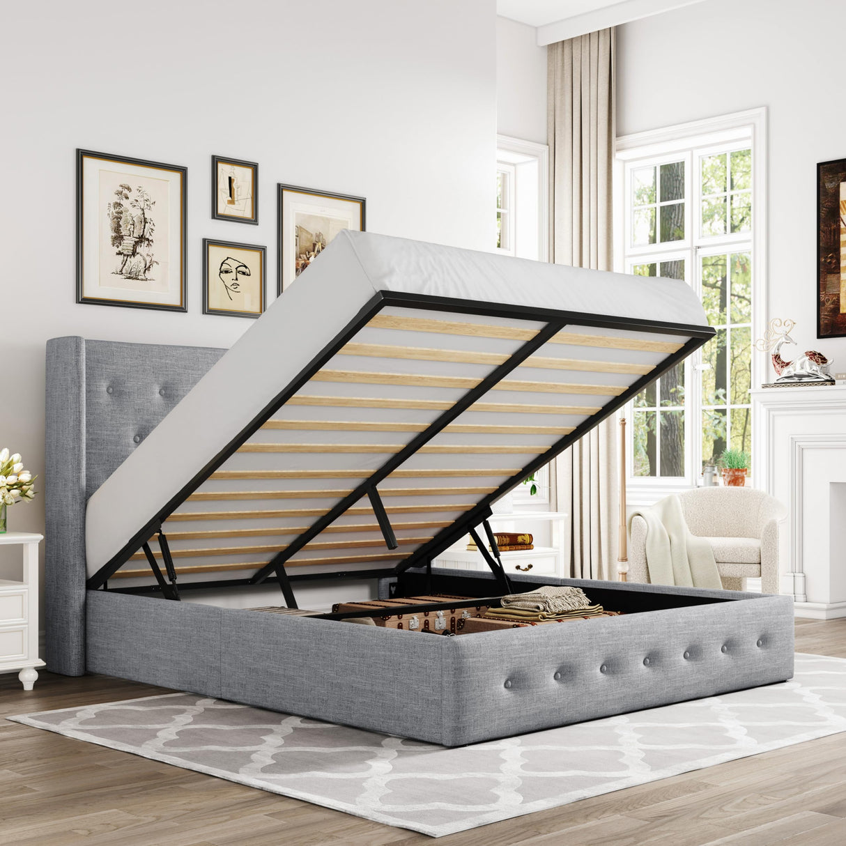 Lift Up Storage Bed, Modern Wingback Headboard, Hydraulic Support, No Box Spring Needed
