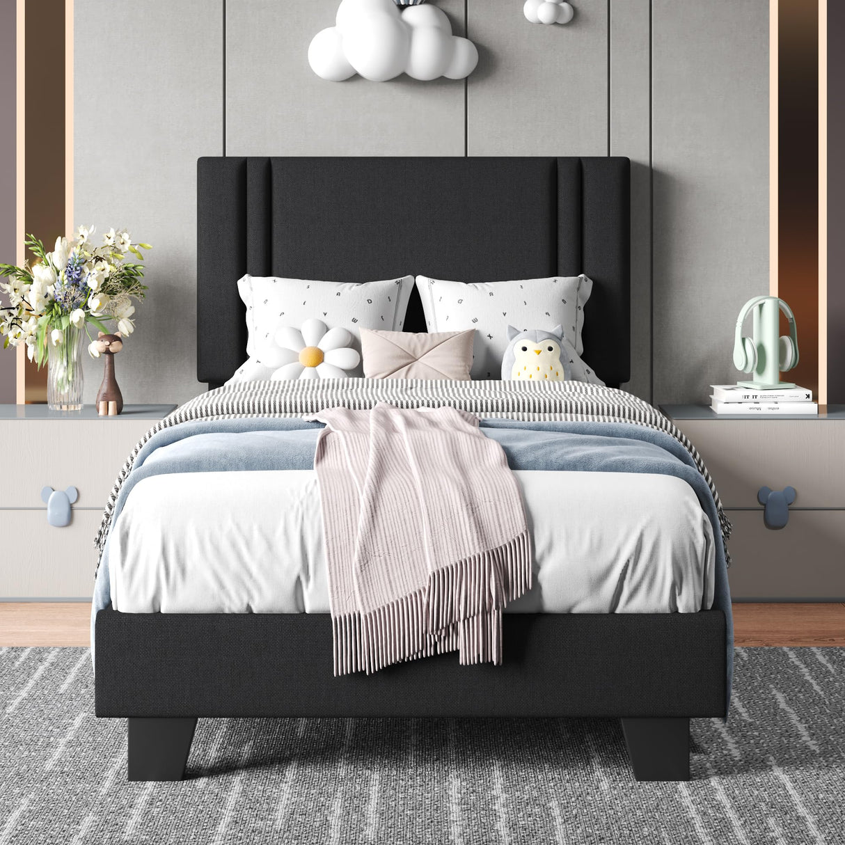Upholstered Twin Size Bed Frame with Linen Fabric Headboard