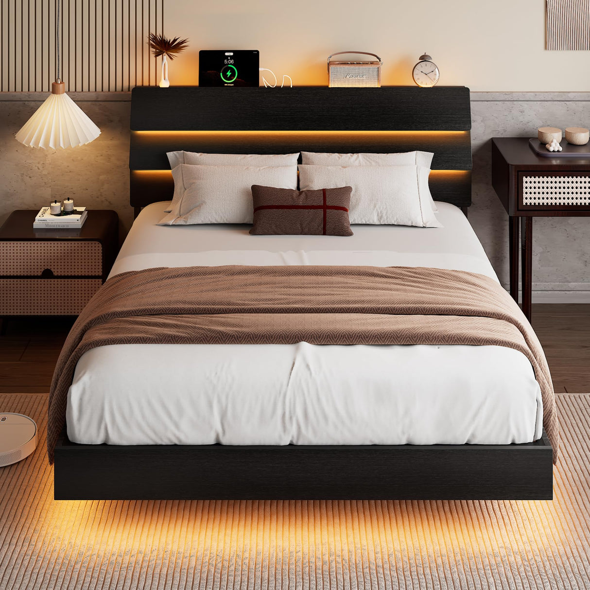 Bed Frame with Charging Station, Led Bed Frame with Wood Storage Headboard