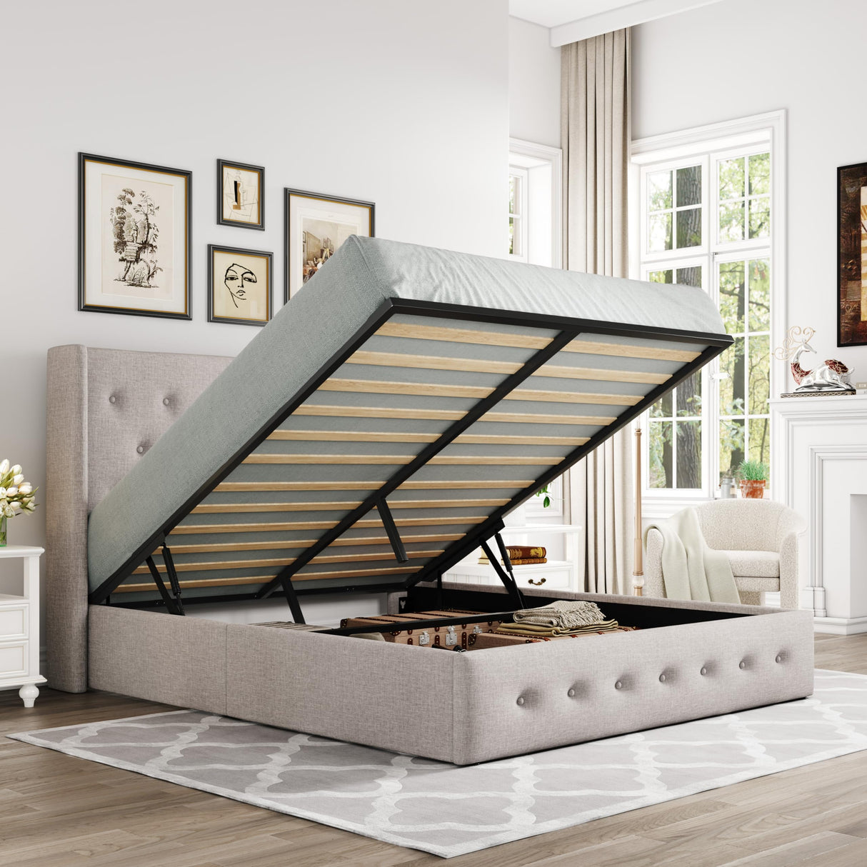 Lift Up Storage Bed, Modern Wingback Headboard, Hydraulic Support, No Box Spring Needed