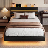 Bed Frame with Charging Station, Led Bed Frame with Wood Storage Headboard