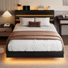 Bed Frame with Charging Station, Led Bed Frame with Wood Storage Headboard