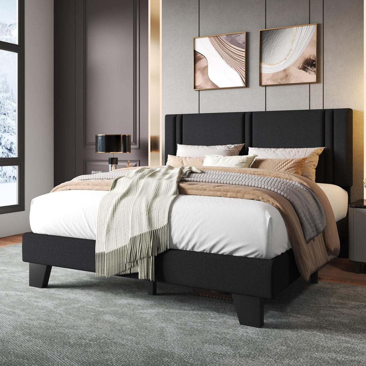 Upholstered Twin Size Bed Frame with Linen Fabric Headboard