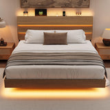 Bed Frame with Charging Station, Led Bed Frame with Wood Storage Headboard