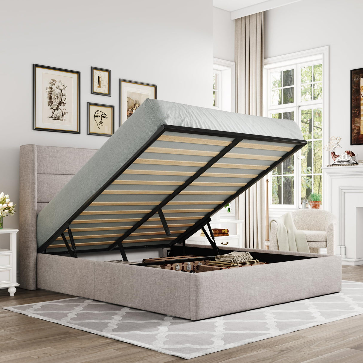 Lift Up Storage Bed, Modern Wingback Headboard, Hydraulic Support, No Box Spring Needed