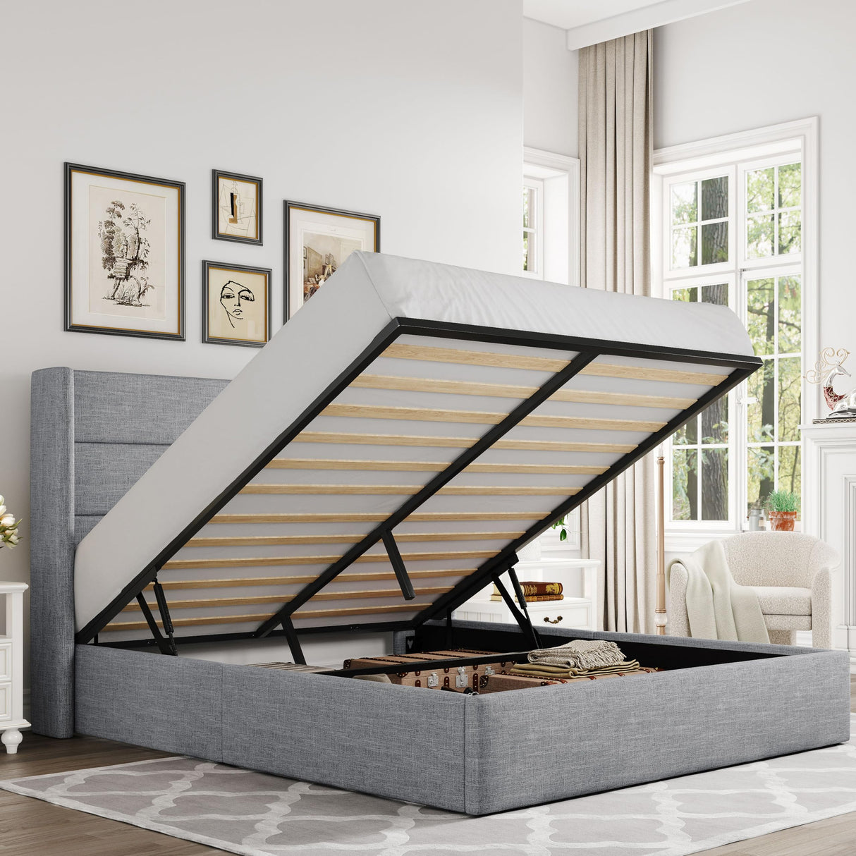 Lift Up Storage Bed, Modern Wingback Headboard, Hydraulic Support, No Box Spring Needed