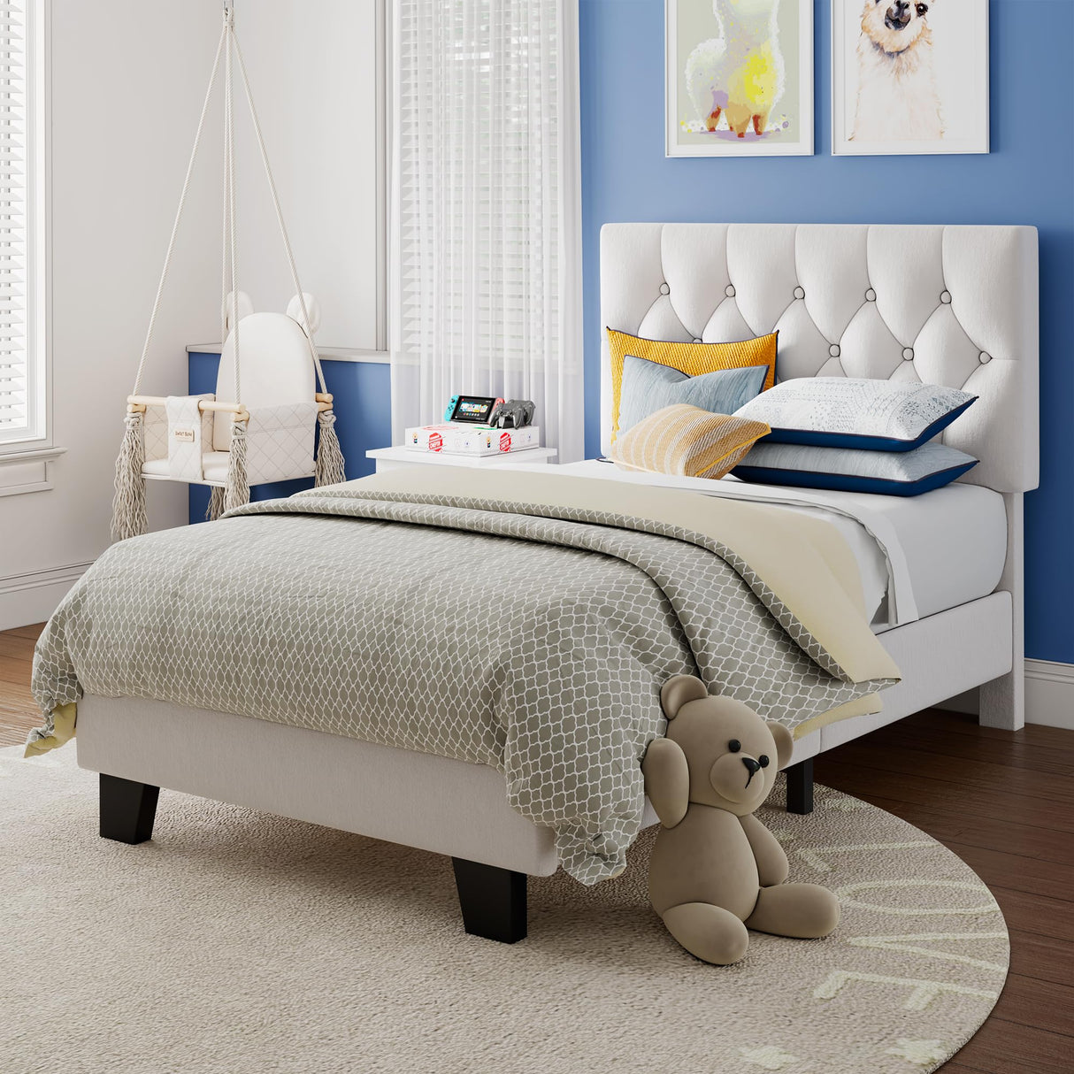 Velvet Bed Frame with Headboard, Button Tufted Upholstered Bed Base
