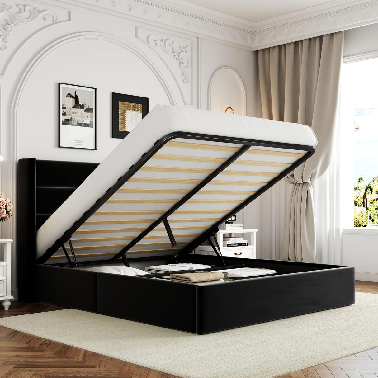 Lift Up Storage Bed, Modern Wingback Headboard, Hydraulic Support, No Box Spring Needed