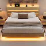 Bed Frame with Charging Station, Led Bed Frame with Wood Storage Headboard
