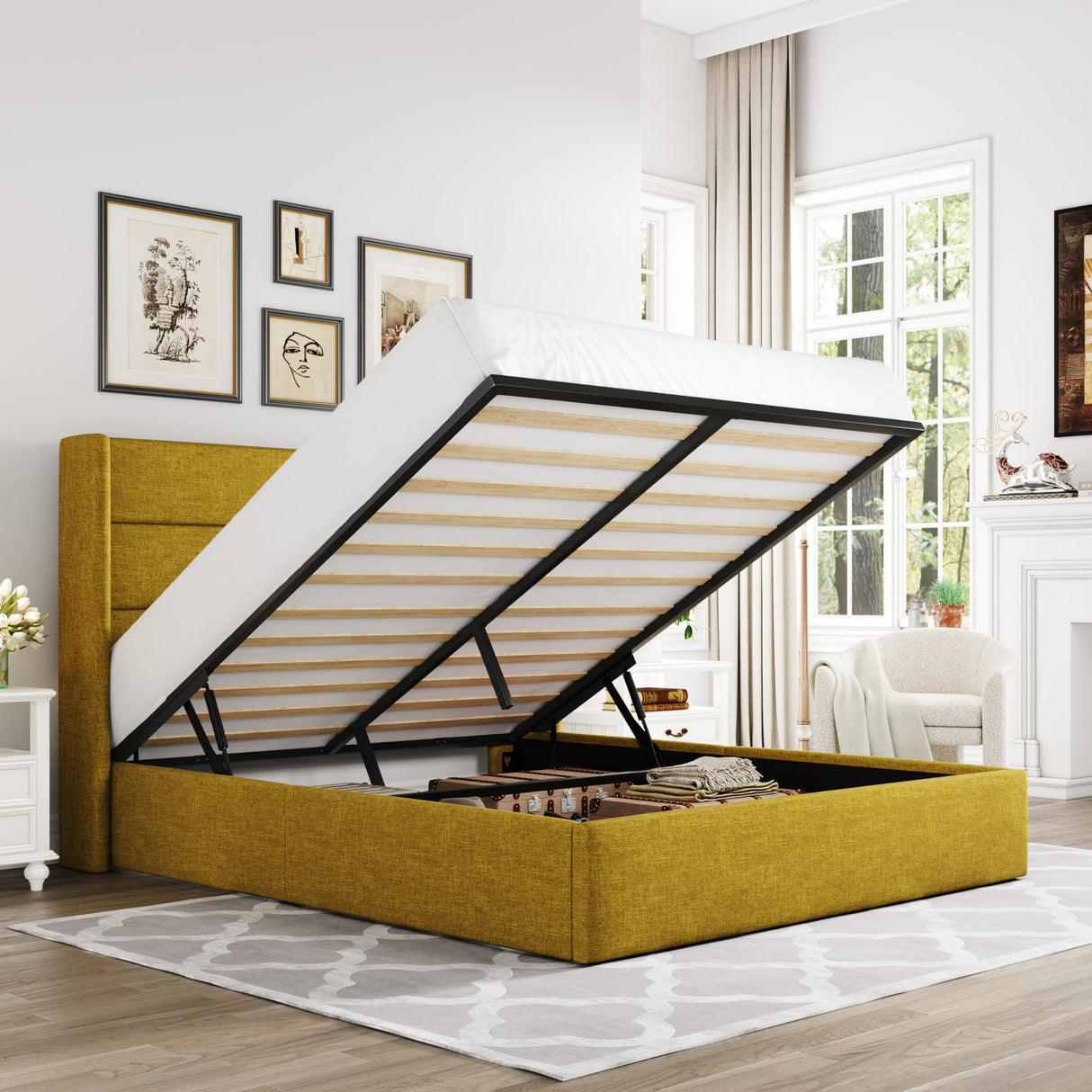 Lift Up Storage Bed, Modern Wingback Headboard, Hydraulic Support, No Box Spring Needed