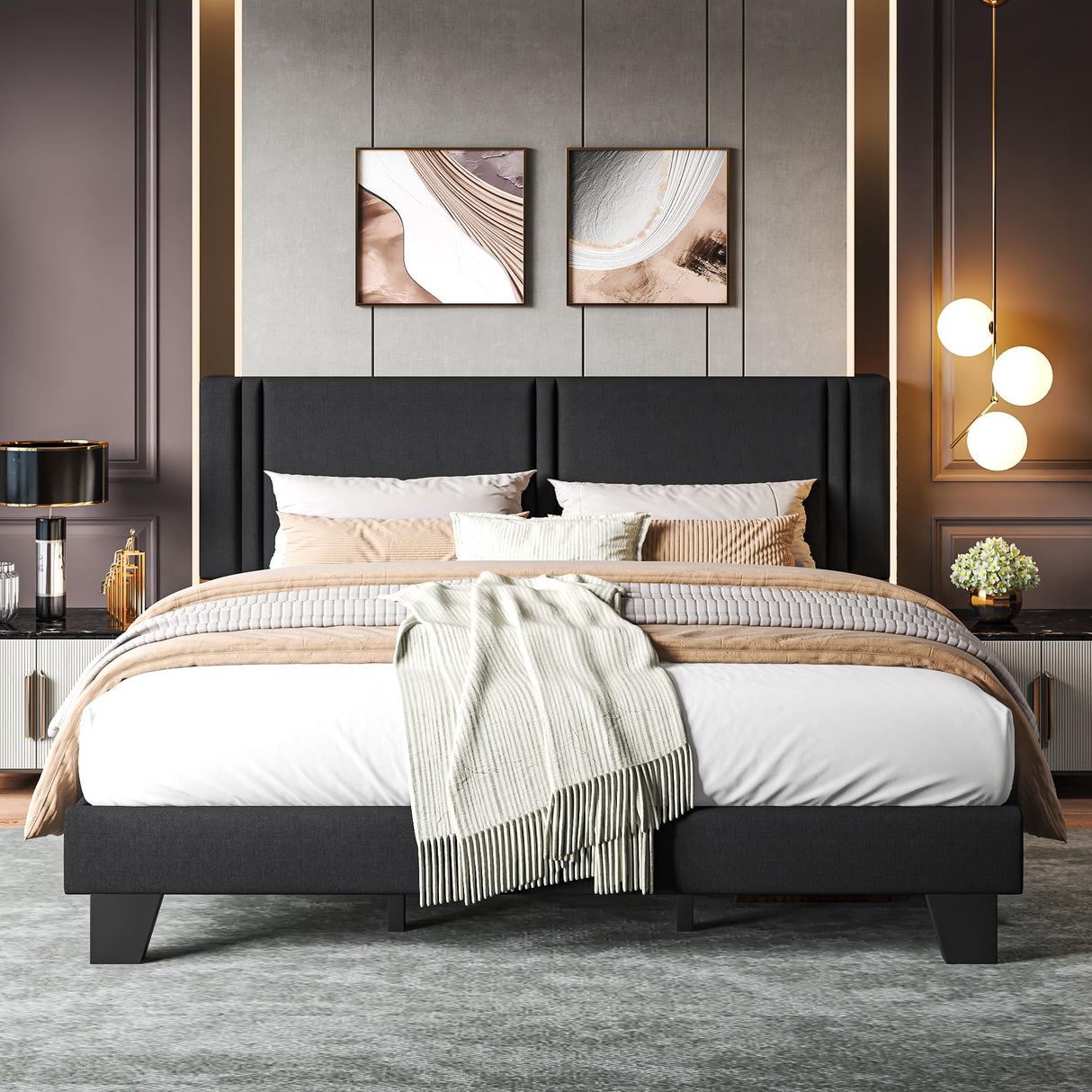 Upholstered Twin Size Bed Frame with Linen Fabric Headboard