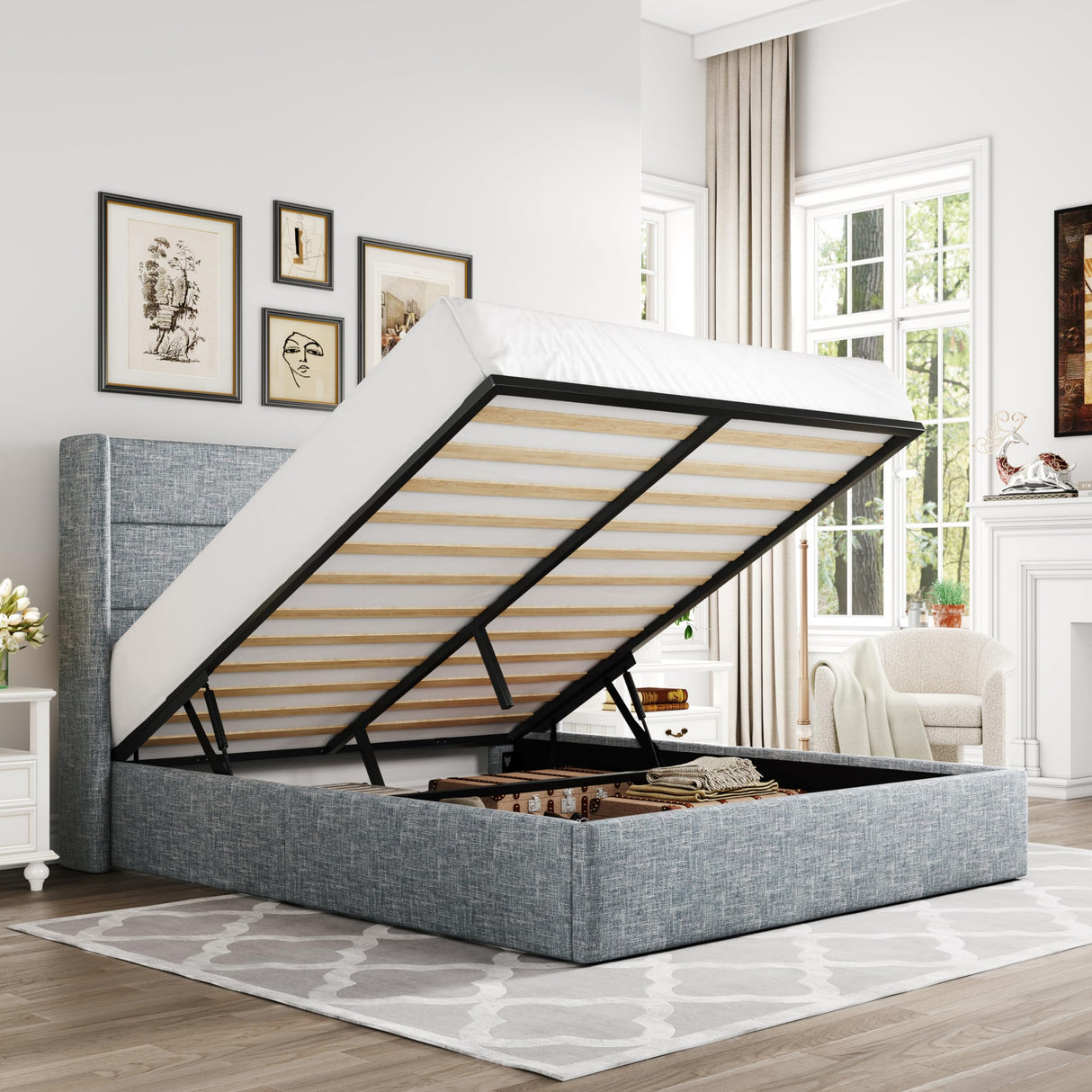 Lift Up Storage Bed, Modern Wingback Headboard, Hydraulic Support, No Box Spring Needed