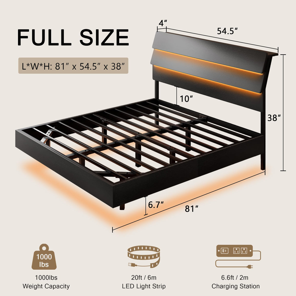 Bed Frame with Charging Station, Led Bed Frame with Wood Storage Headboard
