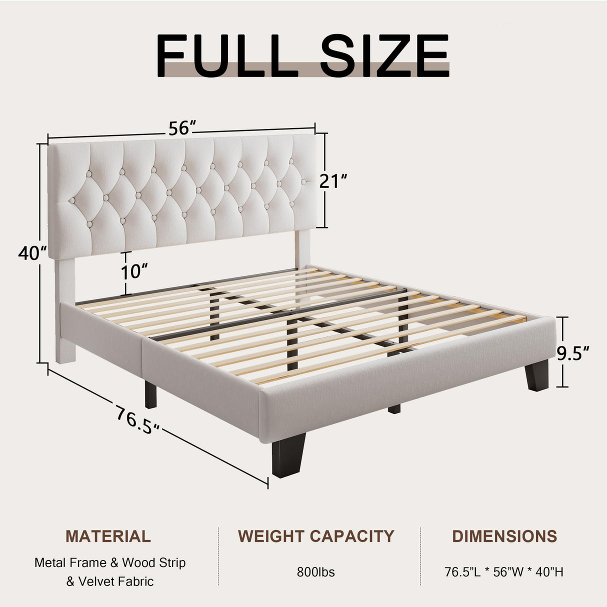 Velvet Bed Frame with Headboard, Button Tufted Upholstered Bed Base