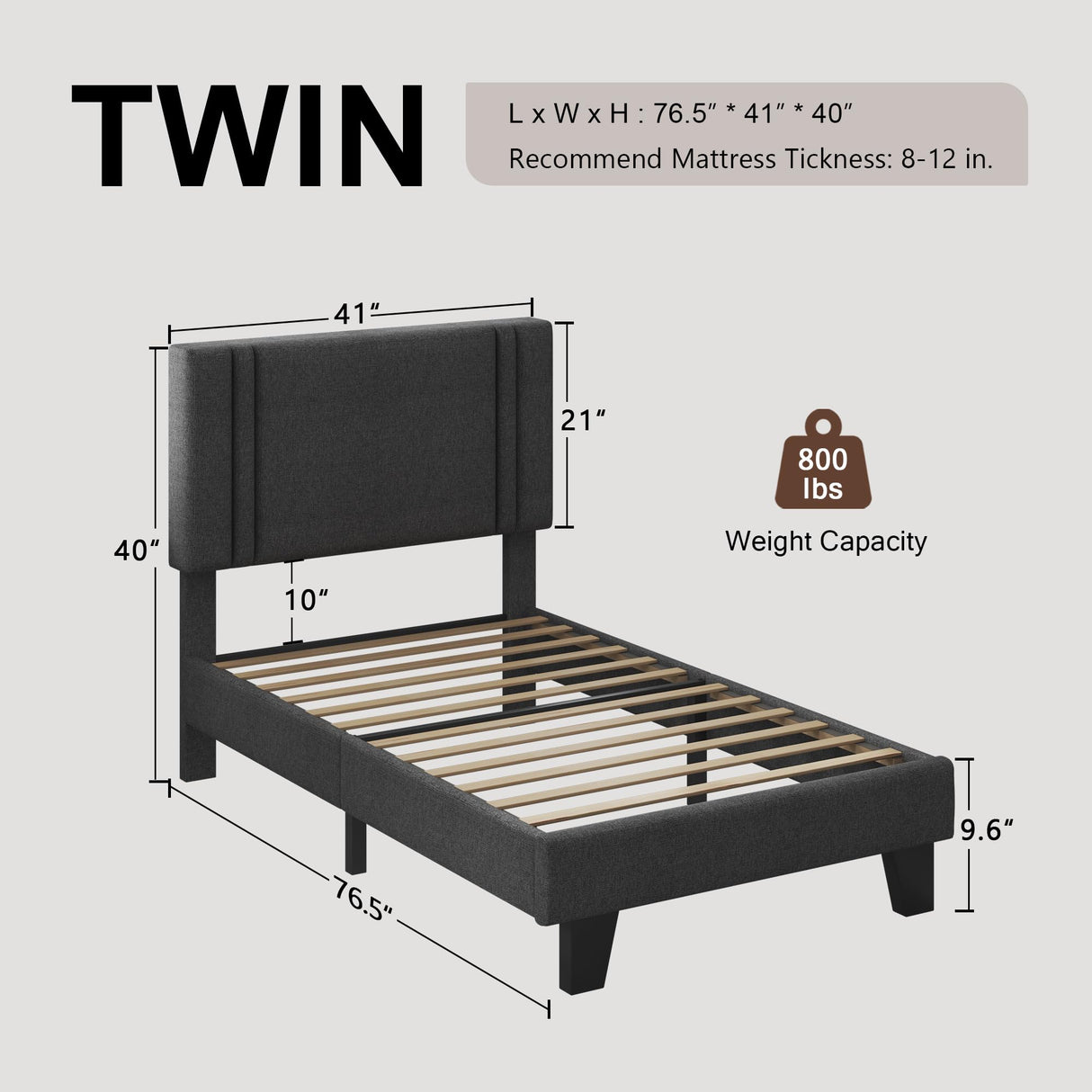 Upholstered Twin Size Bed Frame with Linen Fabric Headboard