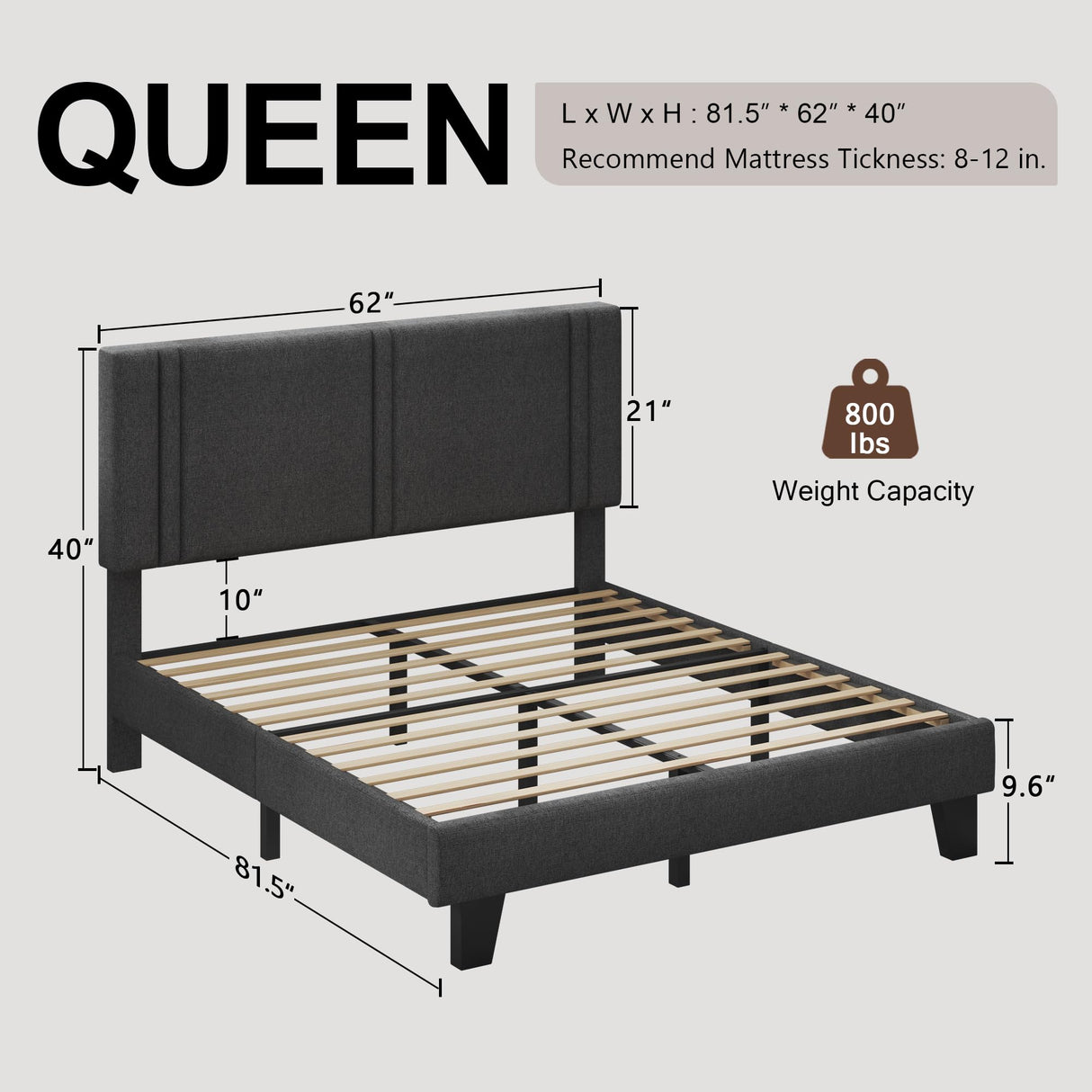 Upholstered Twin Size Bed Frame with Linen Fabric Headboard