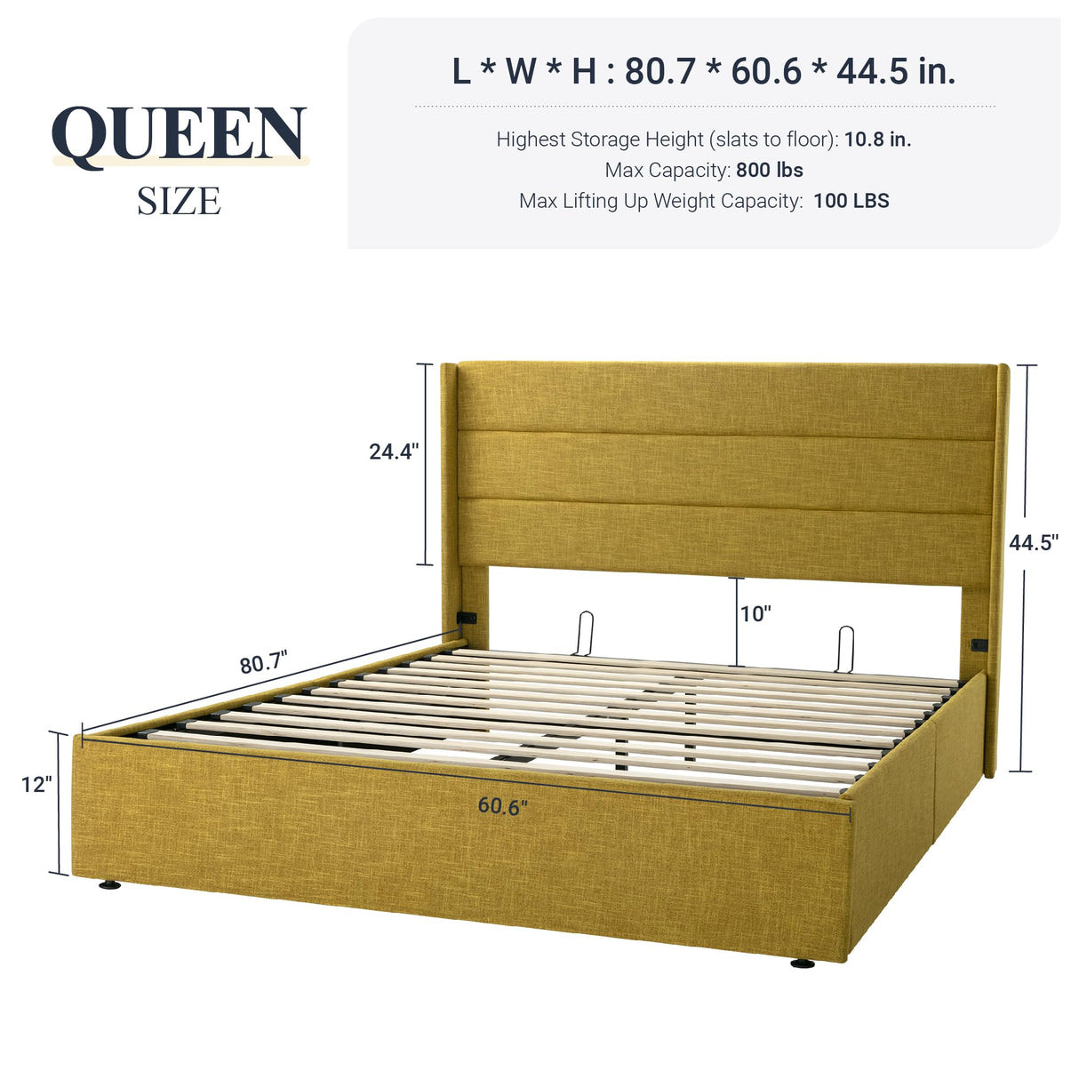 Lift Up Storage Bed, Modern Wingback Headboard, Hydraulic Support, No Box Spring Needed