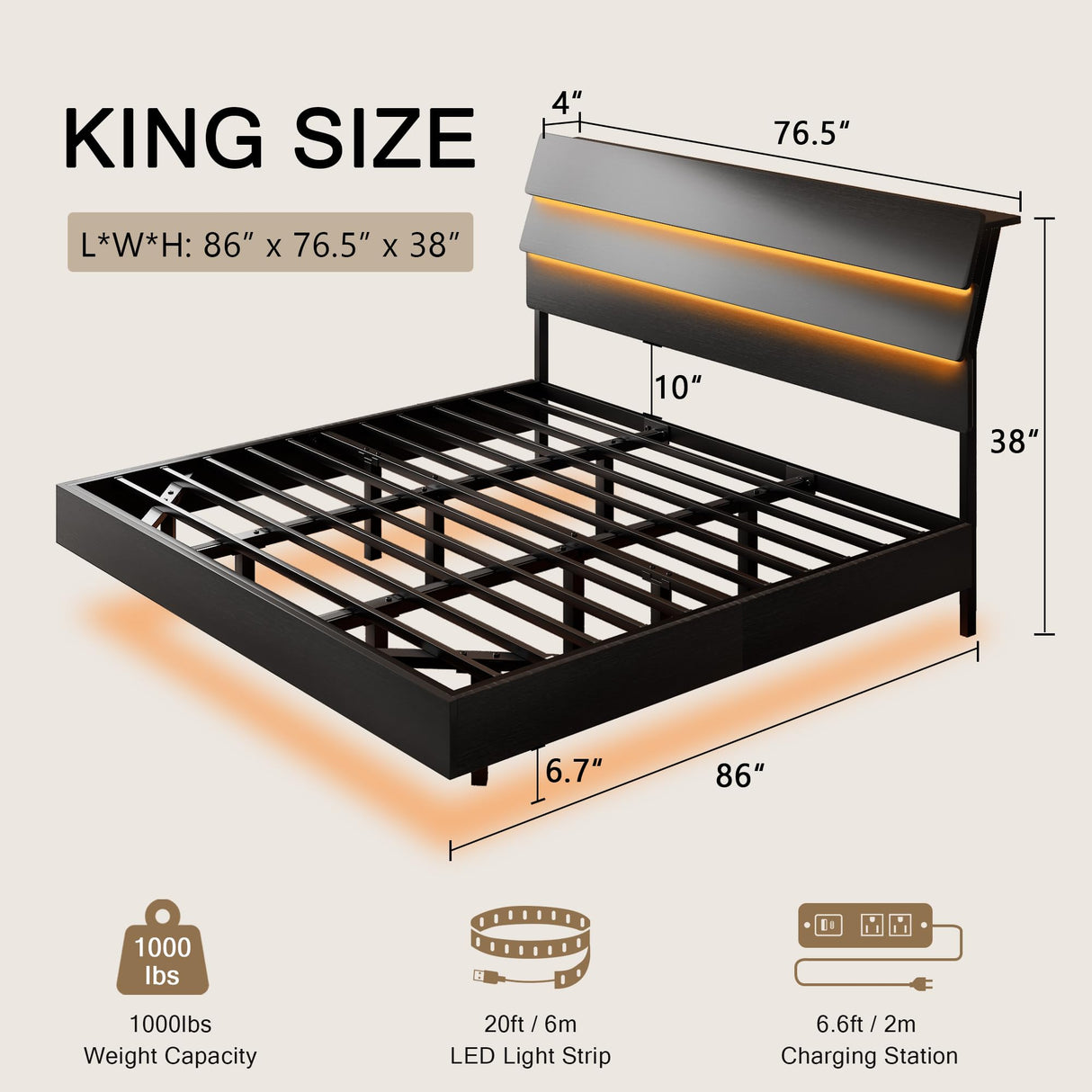 Bed Frame with Charging Station, Led Bed Frame with Wood Storage Headboard