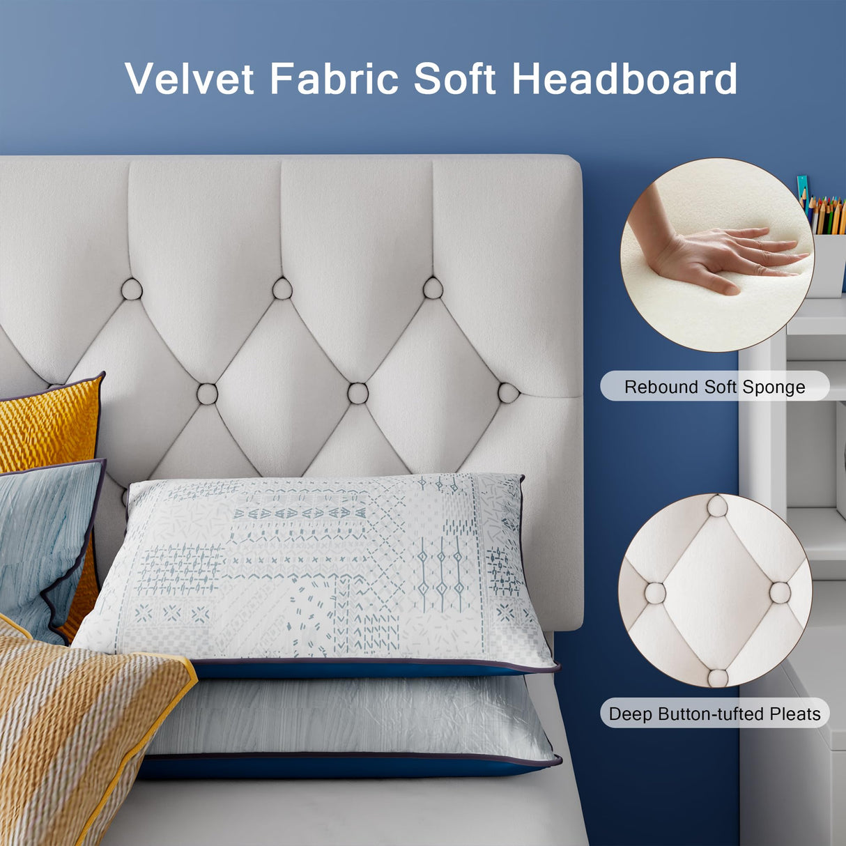 Velvet Bed Frame with Headboard, Button Tufted Upholstered Bed Base