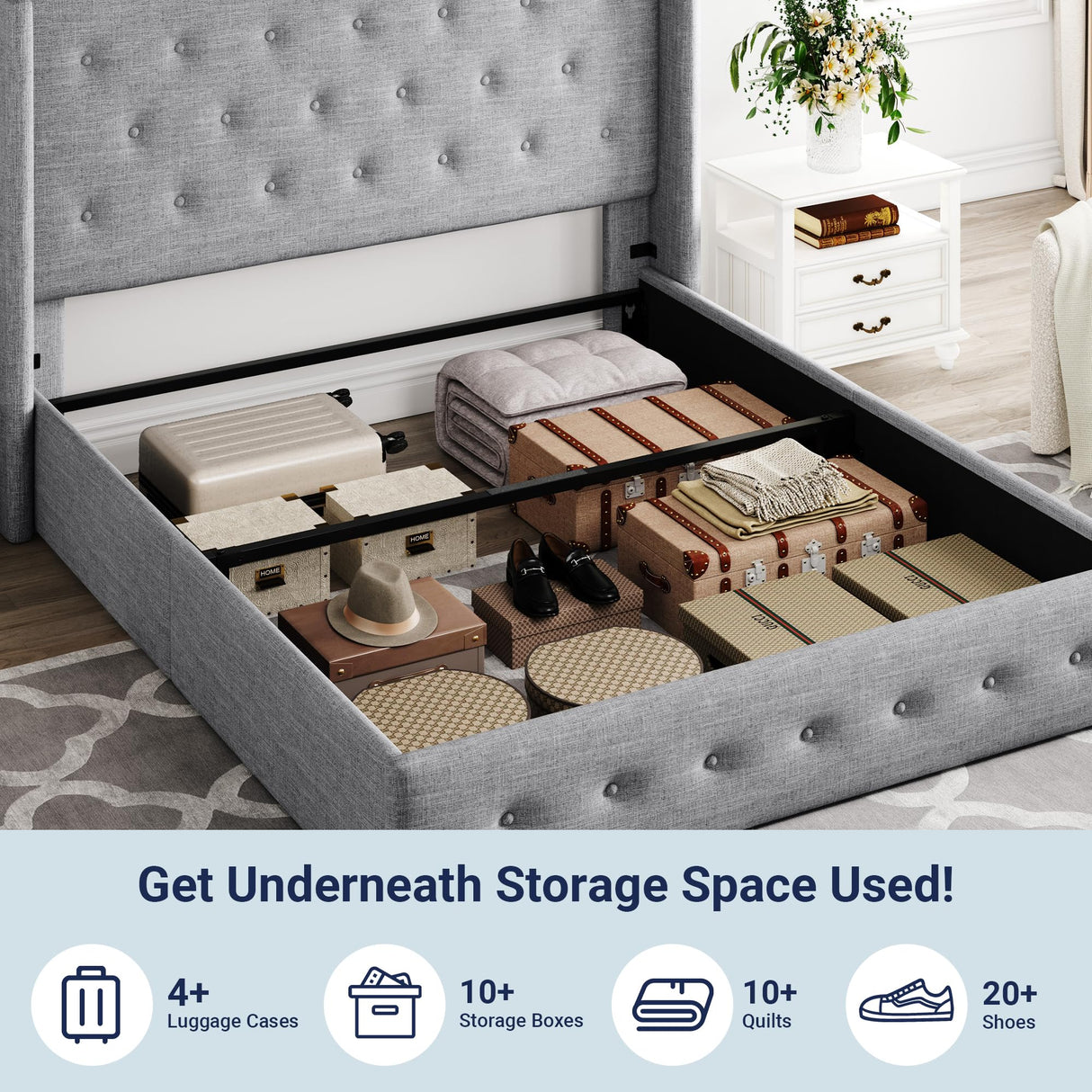 Lift Up Storage Bed, Modern Wingback Headboard, Hydraulic Support, No Box Spring Needed