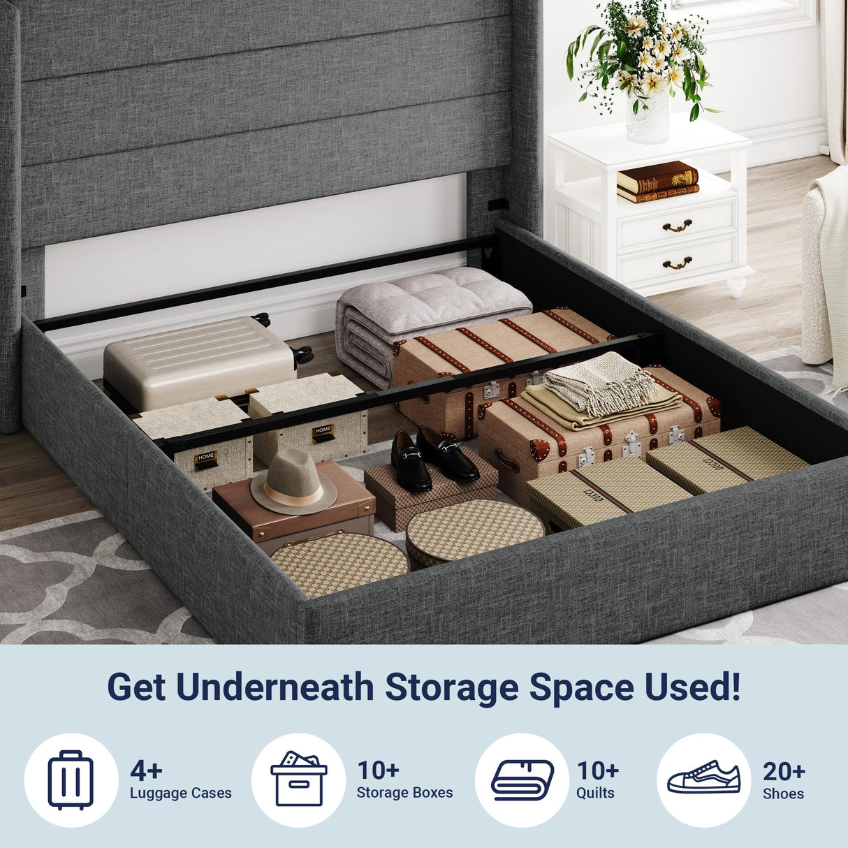 Lift Up Storage Bed, Modern Wingback Headboard, Hydraulic Support, No Box Spring Needed