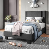 Upholstered Twin Size Bed Frame with Linen Fabric Headboard