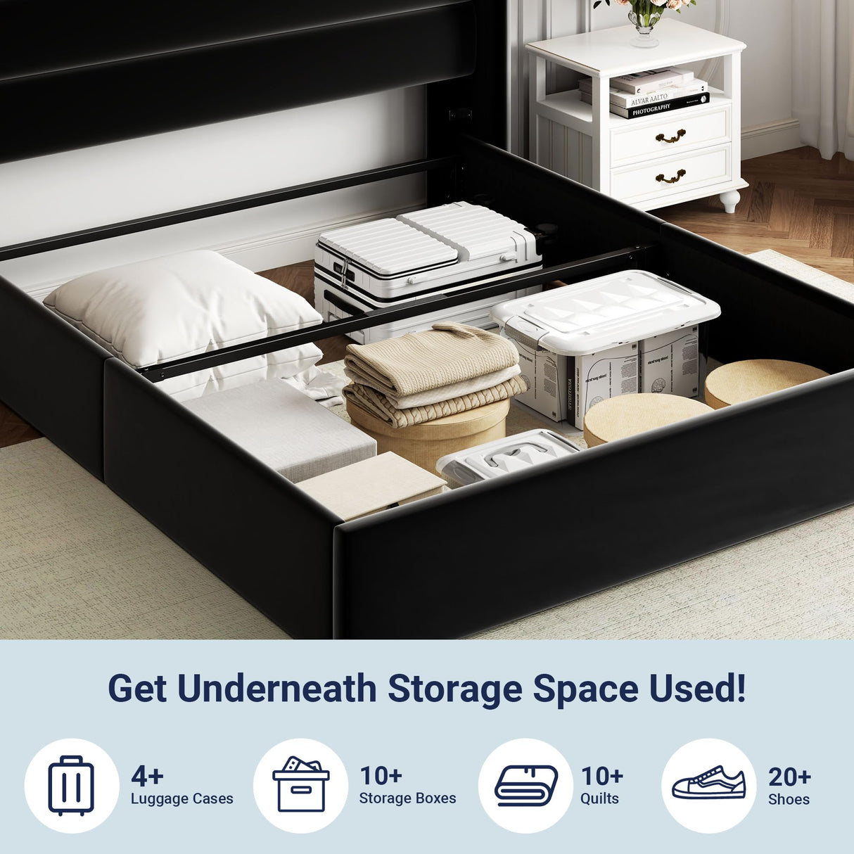Lift Up Storage Bed, Modern Wingback Headboard, Hydraulic Support, No Box Spring Needed