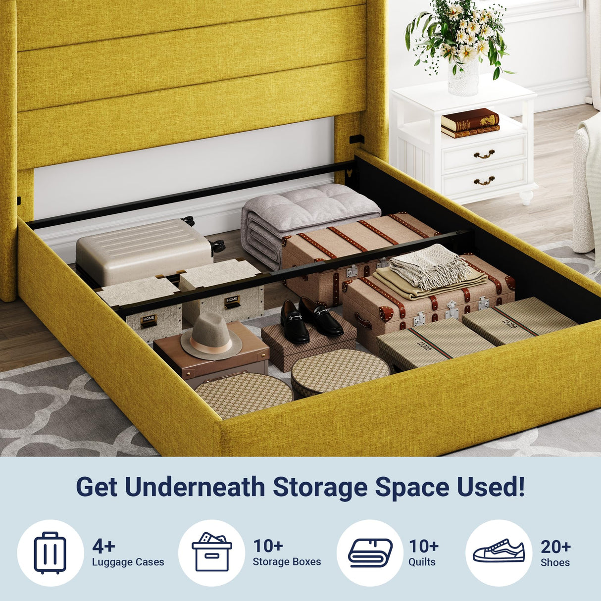 Lift Up Storage Bed, Modern Wingback Headboard, Hydraulic Support, No Box Spring Needed