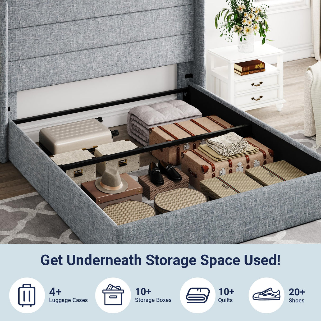 Lift Up Storage Bed, Modern Wingback Headboard, Hydraulic Support, No Box Spring Needed
