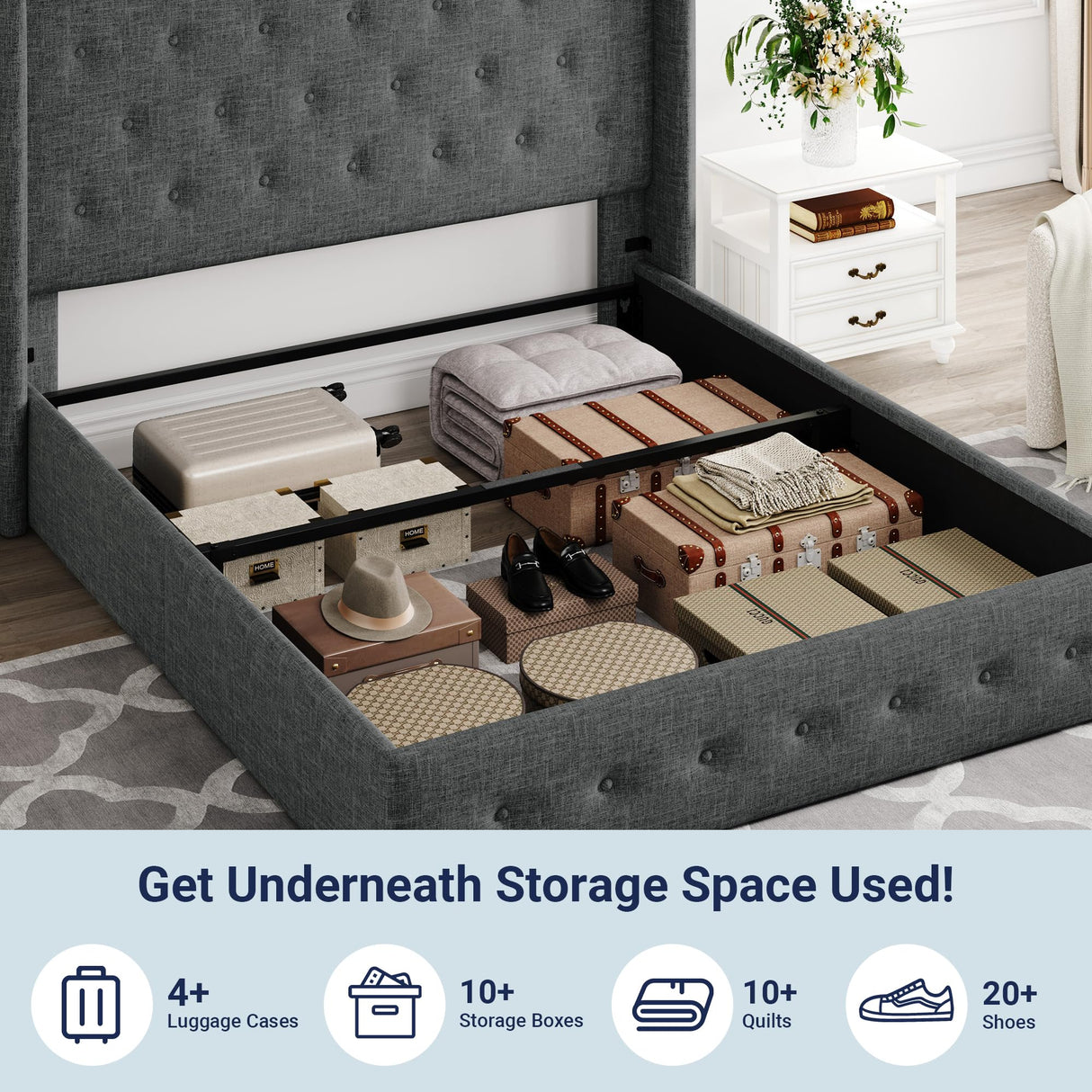 Lift Up Storage Bed, Modern Wingback Headboard, Hydraulic Support, No Box Spring Needed