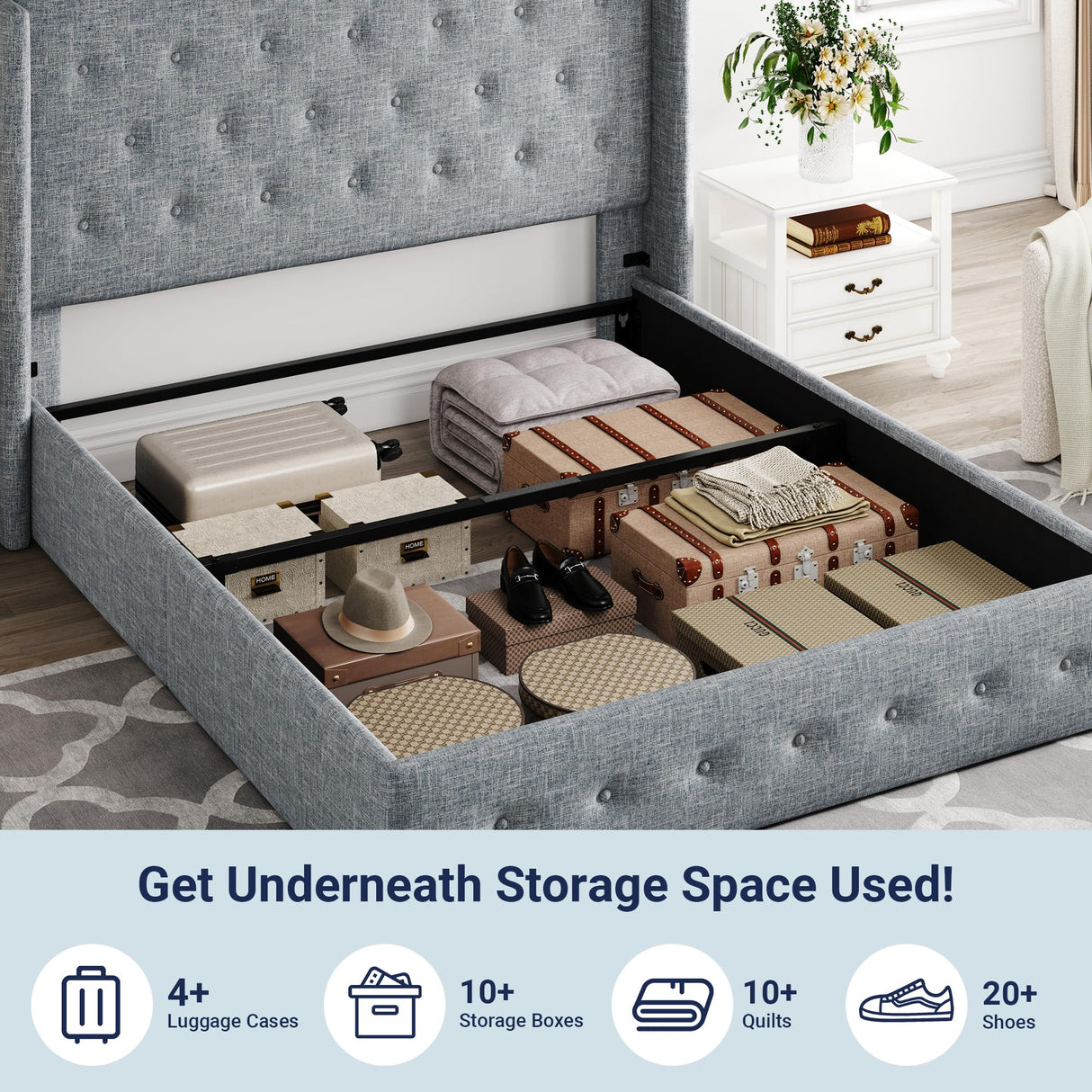 Lift Up Storage Bed, Modern Wingback Headboard, Hydraulic Support, No Box Spring Needed