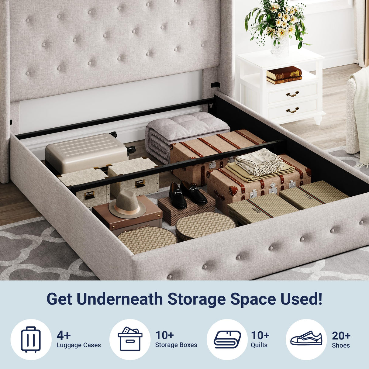 Lift Up Storage Bed, Modern Wingback Headboard, Hydraulic Support, No Box Spring Needed