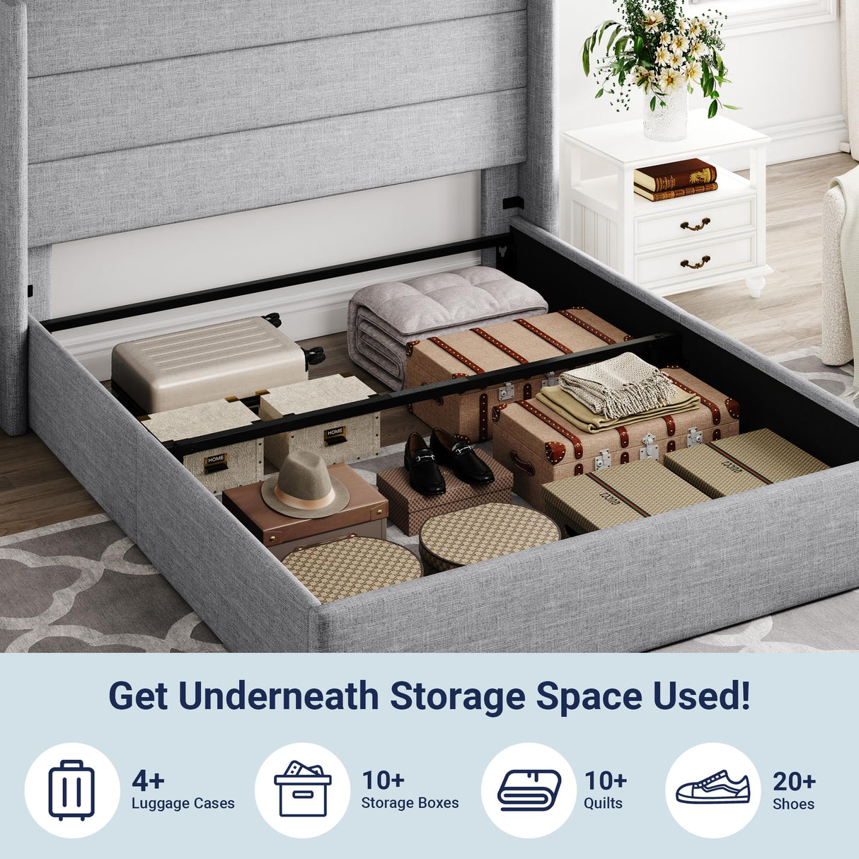 Lift Up Storage Bed, Modern Wingback Headboard, Hydraulic Support, No Box Spring Needed