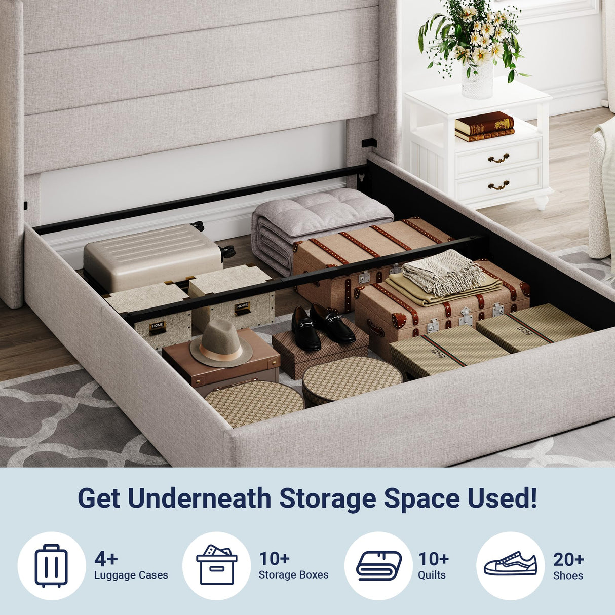Lift Up Storage Bed, Modern Wingback Headboard, Hydraulic Support, No Box Spring Needed
