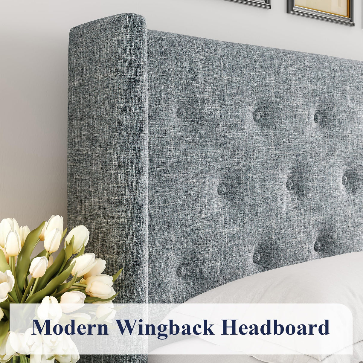 Lift Up Storage Bed, Modern Wingback Headboard, Hydraulic Support, No Box Spring Needed