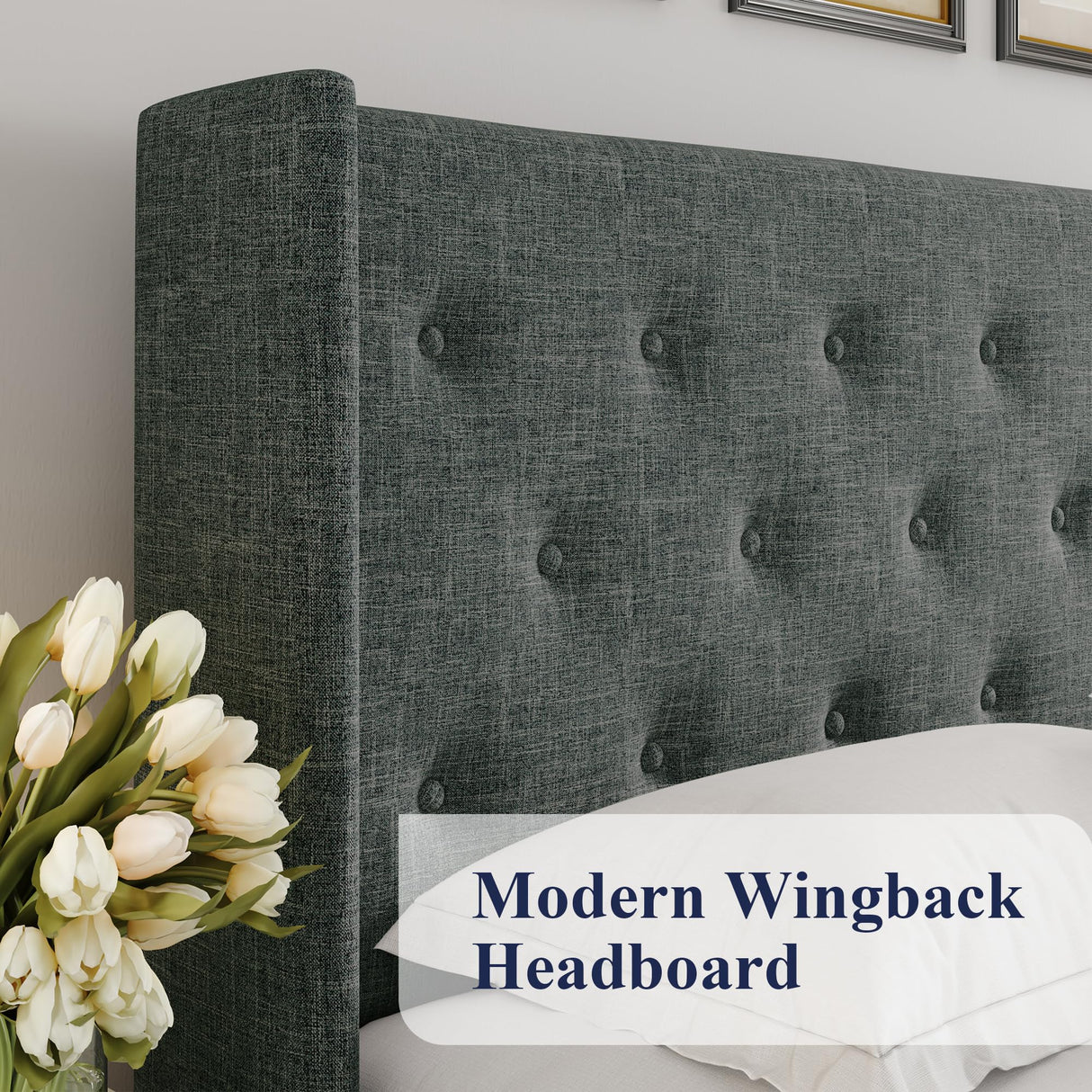 Lift Up Storage Bed, Modern Wingback Headboard, Hydraulic Support, No Box Spring Needed