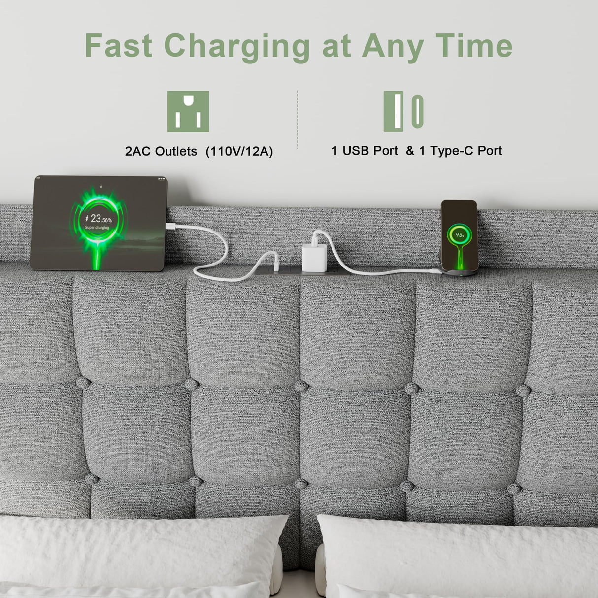 Feonase Bed Frame with Charging Station, Upholstered Platform Frame with Wingback Storage Headboard