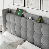 Feonase Bed Frame with Charging Station, Upholstered Platform Frame with Wingback Storage Headboard