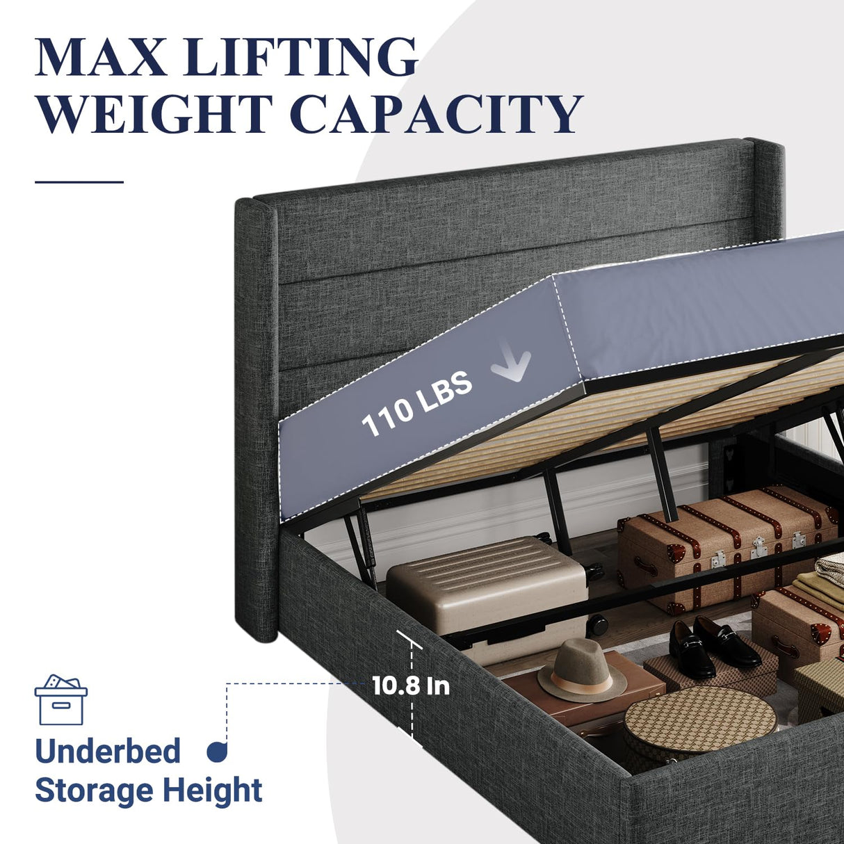 Lift Up Storage Bed, Modern Wingback Headboard, Hydraulic Support, No Box Spring Needed