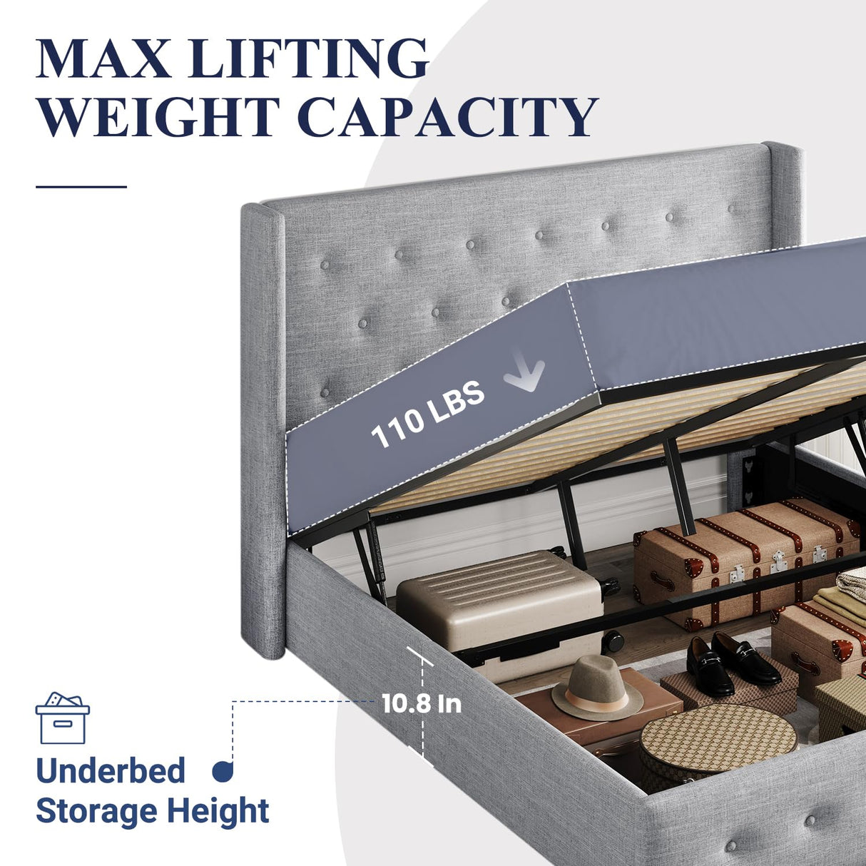 Lift Up Storage Bed, Modern Wingback Headboard, Hydraulic Support, No Box Spring Needed