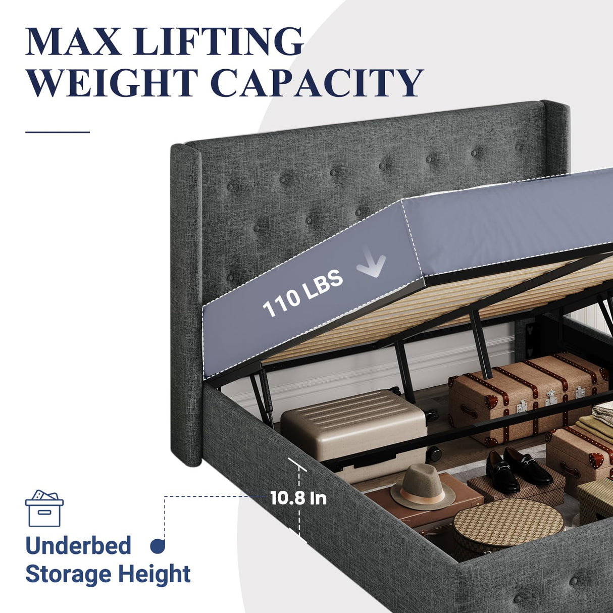 Lift Up Storage Bed, Modern Wingback Headboard, Hydraulic Support, No Box Spring Needed